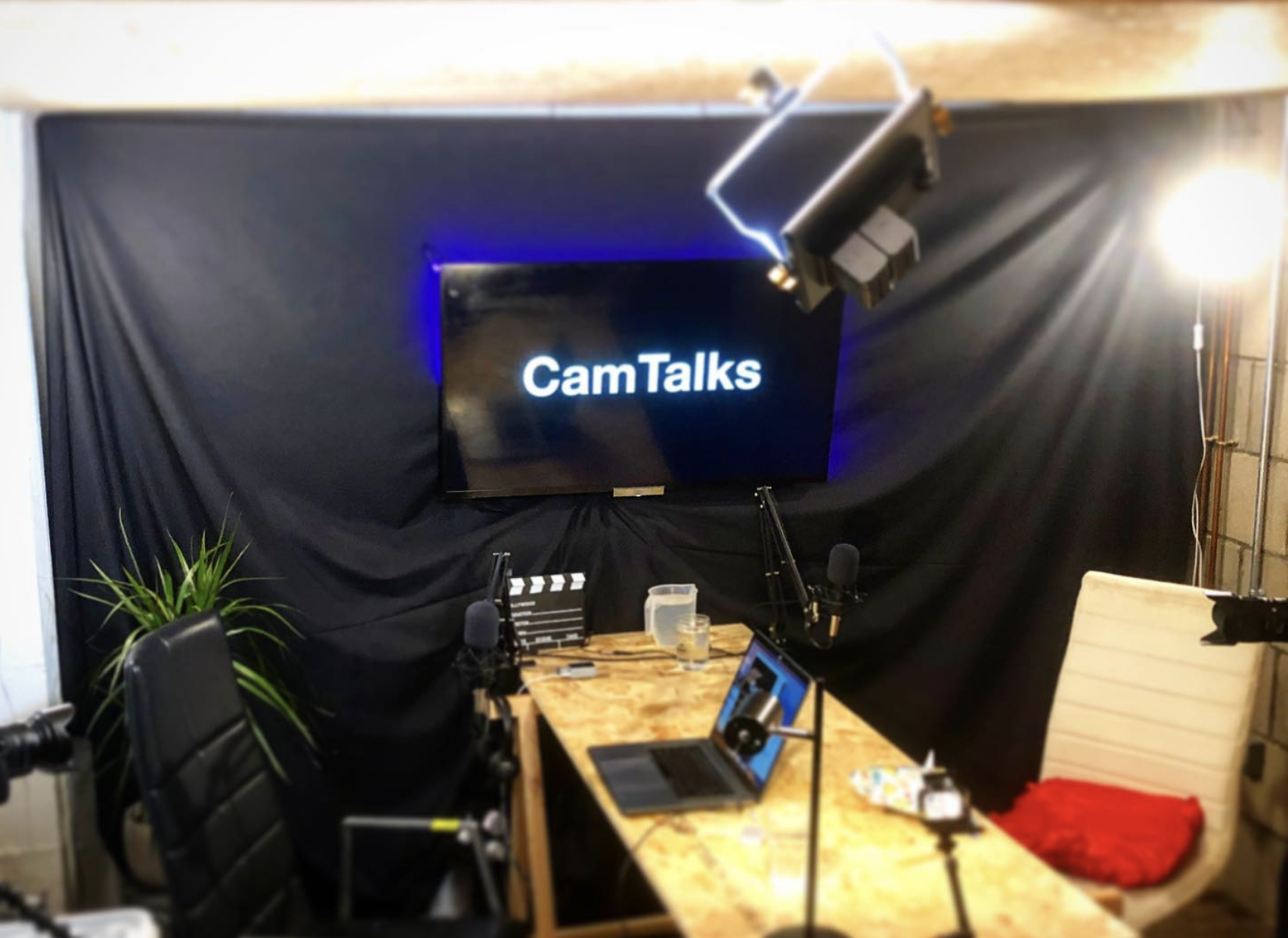 CamTalks recording studio with microphones, cameras and lighting